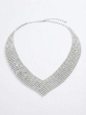 Elegant Silver-Tone Rhinestone Bib Necklace